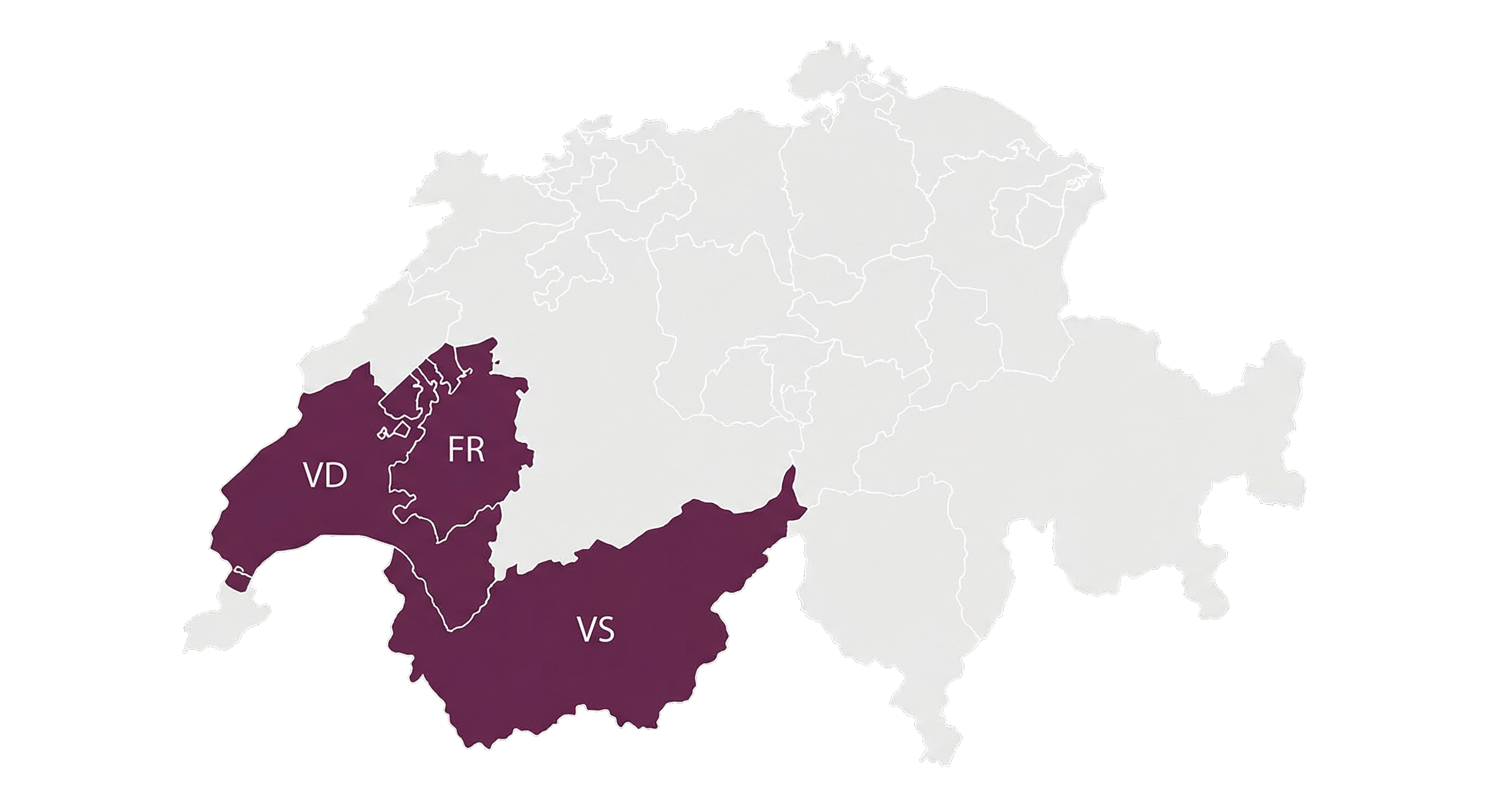 Carte de la Suisse avec les cantons FR, VD et VS marques comme zones d'intervention